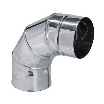  Колено (нерж. сталь 0,5 мм) угол 90° применяется для изменения направления дымовой трубы на 90 градусов. Марка стали используется AISI 430, толщиной 0,5мм. 
 