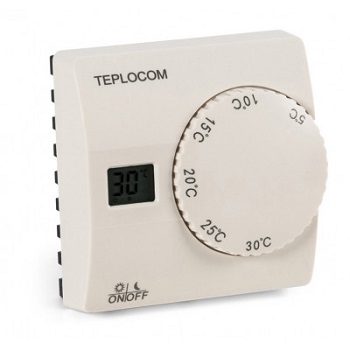  Термостат комнатный Teplocom TS 2AA/8A 
 
 Проводной электронный комнатный термостат. Питание от двух батарей типа АА, 2 шт. Контакты реле до 250 В, 8 А. Температура регулировки от 5 °С до 30 °С. Гистерезис ±1 °С. LCD дисплей. Индикация температуры в п
